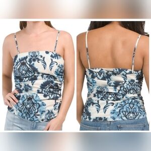 NWT Zara Ruched Size Geometric Blue and‎ Cream Paisley Square Neck Tank Size XS